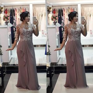 2021 Grey Mother Off Bride Dresses Jewel Half Sleeve Chiffon Lace Appliques Ruffles Floor Length Prom Mother Wedding Guest Gown