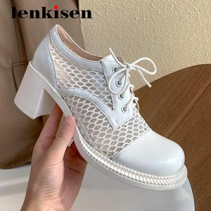 Wholesale breathable sunscreen resale online - Dress Shoes Lenkisen Preppy Style Air Mesh Breathable Sunscreen Patchwork Round Toe Thick High Heel Lace Up Beauty Lady Cozy Women Pumps L35