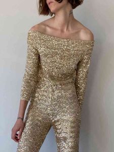 ビンテージシックゴールドスパンコルクロップドブレウス女性ファッションセクシーなスラッシュネックシャツエレガントな女性ショートトップスY0505