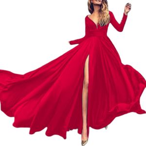 Wholesale deep plunging dresses resale online - Flowing in a deep multiway cleavage v plunging drape sukienka frill robe night thigh slit dress long sleeve