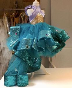 2021 Hunter Green Flower Girl Dresses Halter Ball Gown Sequined Hi Lo Liltle Barn Födelsedag Pagant Party Gowns
