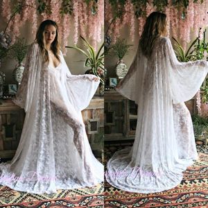 Wholesale embroidered bridal robes resale online - Wraps Jackets Two Pieces White Embroidered Lace Bridal Robe Lingerie V Neck Wedding Sleepwear Prom Party Kimono1