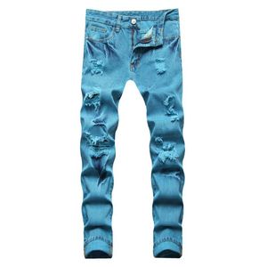 calça turquesa venda por atacado-Jeans masculinos y2k rasgado jeans na moda buracos afligidos turquesa azul calças retas casuais mais calças longas