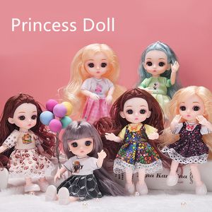 16cm prinsessa docka rörliga leder tjej d stora ögon vackra diy leksak baby dockor med kläder klä upp mode lång hår födelsedagspresent
