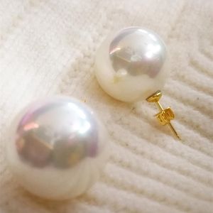 18mm vit skal pärla guld stud örhängen runda boll pärlor naturlig södra havsskal pärla kvinna smycken