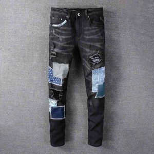 calça skincut bota mens venda por atacado-Jeans moda marca preta patch buraco esticar apertado jome hommes mens bootcut para homens