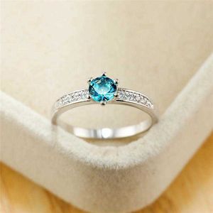 anéis de noivado azul claro venda por atacado-Anéis de casamento Luxo luz feminina azul zircon anel promessa cor de prata engajamento fino para mulheres deitury cristal rodada