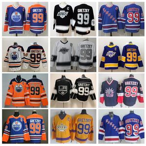 hockey-retro-trikots. großhandel-Eishockey Wayne Gretzky Jersey Männer New York Rangers La Los Angeles Kings Edmonton Öler Blau Weiß Retro Vintage Black Navy Orange Gelb rot genäht