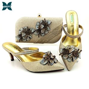 Dress Shoes Arrival Italian Design Nigerian Fashion Summer Flower Style Party Women And Bag Set In Champange Gold Color