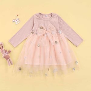 Girl s Dresses Baby Long Sleeve Dress With Stitching Mesh Bow Waist Sparkling Sequins Little Princess Spring Fall Costume Pink