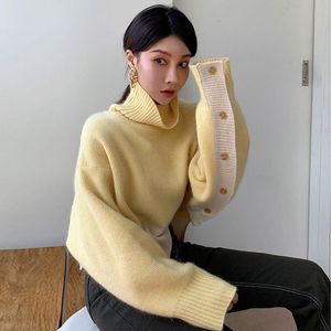 botones personalizados al por mayor-Suéteres de mujer Chic Coreano Chic Personalizado Alto Cuello Color Móvil Mangotaje One Fila Botón Diseño Flojo Grueso Cálido Suéter de punto Mujer