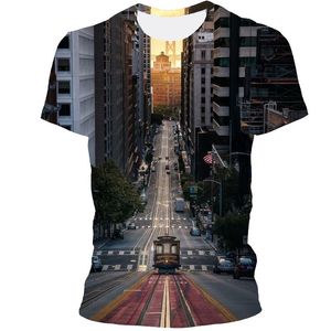 mode urbaine d'été achat en gros de T shirts hommes Fashion Summer Produit D Impression Urban Architectural Paysage Street T shirt surdimensionné à manches courtes à manches courtes