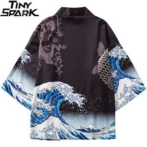 elbiseli balık stili toptan satış-Harajuku Kimono Ceket Japon Kanagawa Büyük Dalga Hip Hop Erkek Streetwear Ejderha Koi Balık İnce Kıyafet Japonya Tarzı