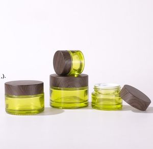 freie glasgläser großhandel-Olivgrünglas Kosmetik Gläser leerer Make up Probe Container Flasche mit hölzernem Getreide dicht aus dichtem Kunststoff Deckel BPA frei für Lotion Sahne RRA9
