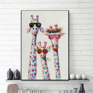 boyalı cam resimleri toptan satış-Mutu Renkli Yağ Hayvan Zürafa Gözlüklü Bir Aile Boyama Resim Tuval Baskılar Duvar Sanatı Yatak Odası için