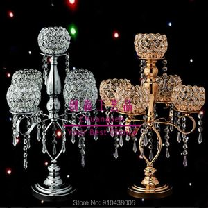 elmas centerpieces toptan satış-Mumluklar Avrupa Tarzı Metal Kristal Elmas Şamdan Altın Tutucu Düğün Centerpiece Noel Deco Çiçek Vazo Parti Favor