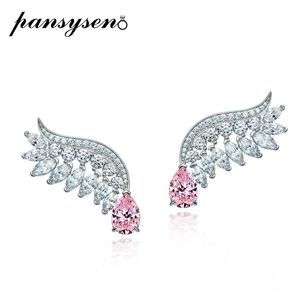 PANSYSEN Luxury Sterling Silver Pear Cut Pink Sapphire Diamonds Stud Earrings for Women Wedding Fine Jewelry Whole