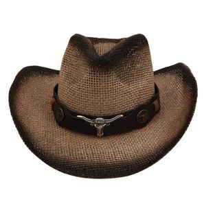 retro-stroh-hüte
 großhandel-Breite Krempe Hüte Männer Damen Visier Hut für Sommer Reisen Sunblock Western Cowboy Handgewebt Stroh aushöhlen Retro Leder Gürtelkappe