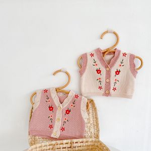 INS baby kids clothing sweater Vest V neck Knitted Embroidery Flower Cardigan Cotton Boutique Girl spring fall sweaters