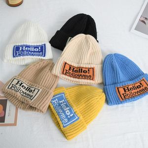 Wholesale baby boy winter cloths resale online - Caps Hats Winter Kids Boy Girl Knitted Hat Style Solid Color Baby Cap Cloth Letter Children Wool Fashion Warm Beanies