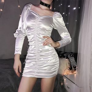 Casual Dresses Design European Fashion Women s Square Collar Long Sleeve White Color Satin Fabric Glossy Pleated Short Dress S M L XL