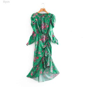 セクシーなデザイナードレスドレス服Aライングリーン長袖プリントNew1女性のファッション不可避の蓮のレースの花