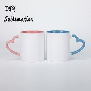 DIY Sublimation oz Kaffe Kopp med Hjärtahandtag Keramik ml Vit Keramik Koppar Färgglada Inre Beläggning Specialvatten Keramik
