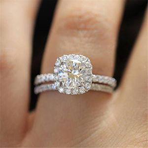Huitan PC Bruids ring met ronde briljante kubieke zirkoon prong instelling verjaardag engagement trouwringen voor vrouwen maat