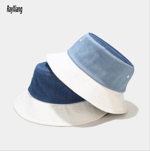 белая повседневная шляпа ведра оптовых-Bucket Hats Unisex Унишечные джинсовые рыбацкие шапки сращивание синих и белых женщин мужчины Sunshade повседневная лето широкий край