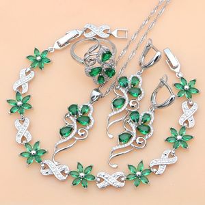 925 silver dubai smycken sätter grön zirkon pärlor kostym för kvinnor stenar lämnar örhängen ringar halsband set droppe