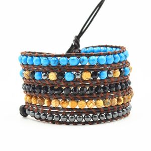 Kleurrijke gemengde stenen kralen strengen accessoires boho stijl lederen touw wrap bracele unisex kleding sieraden