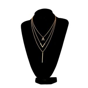 Pendant Necklaces V Shaped Crystal Necklace Multi Layer Gold Chain Women Handmade Triangle Hollow Jewelry Drop
