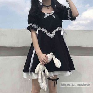 Japansk gotisk lolita klänning flicka sundress sommar prom hajuku kawaii söt kort puff ärm svart klänning goth kvinna