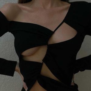 Damska koszulka Chic Moda Sexy Backless Cut out Damskie Topy Koszulki Skew Collar Slim Long Sleeve Bandaż Black Tees Lato
