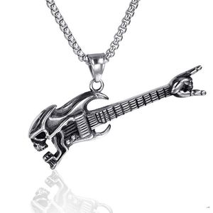 Death Rock Guitar Long Men Necklaces Pendants Chain Punk For Boyfriend Male Stainless Steel Jewelry Creativity Gift Pendant