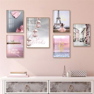 Paintings Pink Girl Swan Eiffel Tower Ferris Wheel Rose Nordic Canvas Painting Art Printing Picture Bedroom Wall Home Decoration Posters