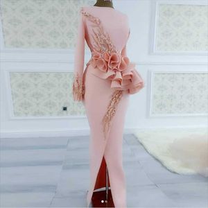 Casual jurken real beeld roze side spleet zeemeermin lange prom jurk elegante d bloem ruche formele avond feestjurk op maat gemaakte mode