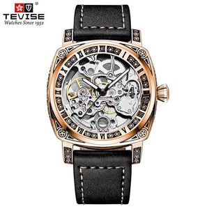 Tevise carved luminous fashion leather men s double sided hollow full automatic mechanical watch
