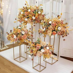 ev dekor orta parçaları toptan satış-Parti Dekorasyon adet Düğün Centerpiece Altın Kaplama Geometrik Çiçek Standı Ev Parlak Metal Demir Dikdörtgen Kare Çerçeve Backdrop