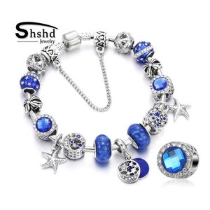 Shshd Luxury Blue Ocean Style Charm Bracelet Starfish Crystal Leaf Moon Star Bead Bracelets Bangles For Women Jewelry Lover Gift Bangle