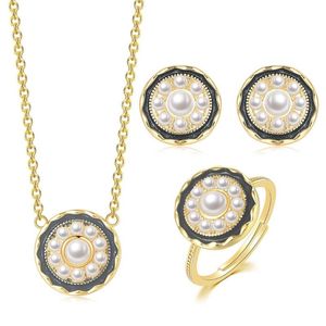 Estetisk vintage charm uppsättning för kvinnor gul guldfärg imitation pärlhalsband örhänge ring julklapp smycken s540 örhängen