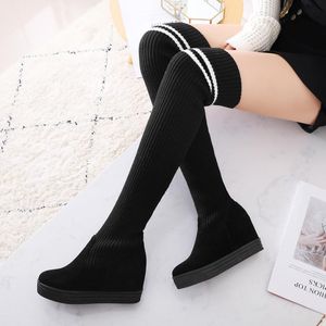 Wholesale knit wedge boots for sale - Group buy Boots Elastic Stretch Thigh High Sock Women Shoes Knitted Wedge Hidden Heels Over The Knee Black Autumn Winter
