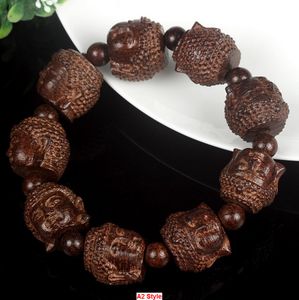 6 Style Beautiful Wood Two sided Hand Carved Art Buddha head Beads Bracelets