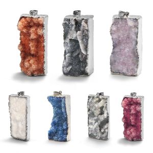 Rectangle Druzy Stone Pendant Silver Plated Gemstone Quartz Pendants for Necklace Women Jewelry Gifts