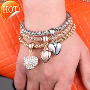 Charm Bracelets womens Crystal Bangle gold silver plated Platform heart multi corn chain three piece