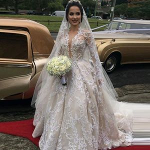 düğün illüzyon boynu için elbise toptan satış-Günlük Elbiseler Muhteşem Tam Dantel Gelinlikler Illusion Uzun Kollu Derin V Boyun Gelin Lüks İnciler Vestidos Custom Made