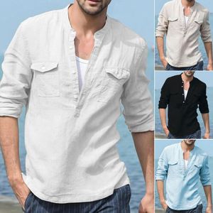 men linen long sleeve shirt оптовых-Модная футболка мужская повседневная белье с длинным рукавом сплошной карманный карман свободных мягких топов Размер S XL