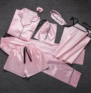 Jrmissli Pajamas女性7個ピンクのパジャマを設定サテンシルクセクシーランジェリーホームウェアスプラウーパジャマセットピジャマ女性