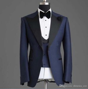 erkek düğün kıyafeti resimleri toptan satış-Gerçek Resim Tek Düğme Donanma Mavi Düğün Damat Smokin Tepe Yaka Groomsmen Erkek Akşam Yemeği Blazer Takım Elbise Erkekler Suits Ceket Pantolon Yelek