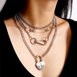 Multilayer Gothic Lover Lock Pendant Collar Necklace Steampunk Padlock Heart Chain Item Couple Gift Party Jewelry Necklaces
